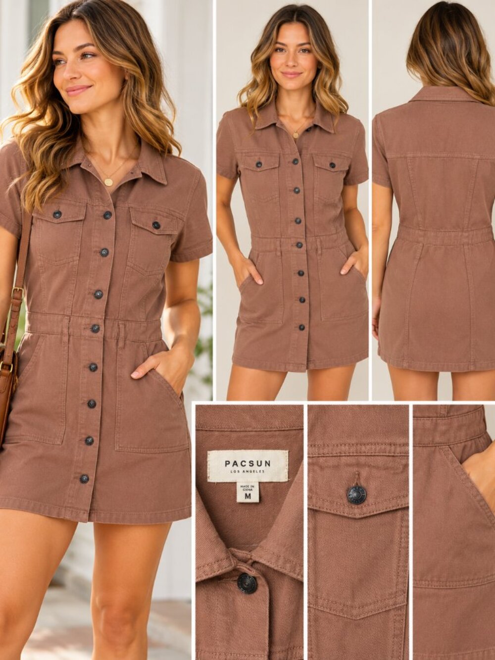 PACSUN Brown Button Front Utility Shirt Dress Women's Medium